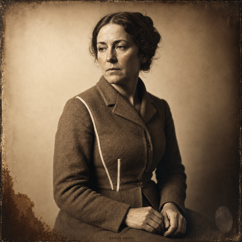 Image 34: ```image Square 8x8 inch albumen-look studio plate, vertical, shallow depth, warm ivory ground fading to scraped brown only at the far edges. A woman of about forty sits facing three-quarters toward the left, life-size head filling the upper third. Raking light from the left carves the forehead, the near cheek, and one side of the nose in visible silver grain; the far side of the face falls into brown shadow. Thin unsmiling mouth, a little off center, dry at the corners. No retouch on eyelids or the crease beside the nose. She wears a studio-cut wool coat in warm medium brown, distinctly lighter than black: the lit near side of the coat is a readable mid-brown with visible nap, like undyed wool in raking light. The coat occupies the lower two-thirds of the plate. TWO cream-ivory darts are the brightest marks on the garment, brighter than the brown coat, as bright as the lit forehead, and remain separately countable even at two inches. FIRST dart: a long narrow raised cream-white seam starting at the near shoulder (left side of the plate) and running down toward the underarm, ending in a clean stop before the sleevehead, both edges sharp, catching the same raking left-hand light as the forehead. SECOND dart: a shorter cream-white dart on the bodice just below the breast on the same lit side, vertical, both edges sharp, also catching that raking light. These two darts are pale cream against mid-brown, not the same tone as the coat, not in shadow, not implied. Ochre only in those two dart midtones and the near cheek. Lapel notch and front opening remain visible but secondary to the two cream darts. Both hands rest empty in the lap, fingers slightly curled, no object, no tool, knuckles catching a little raking light. No table, no hinge, no plate, no second object. A brown chemical stain blooms along the lower left margin. One fingerprint in the lower right margin. A short inscription HANDS EMPTY in the same brown tone along the bottom edge, smaller than a fingernail, never taller than the mouth. ```