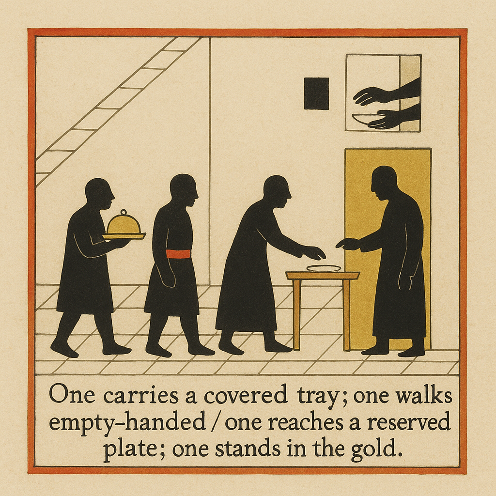 Image 36: ```image A square manuscript painting on burnished cream paper, 8 x 8 inches, photographed straight-on, no museum mat, no outer frame. Opaque watercolor, reed-pen contour, and shell gold. Flat unmodeled color. No atmospheric haze, no single-point perspective, no academic flesh. Faces are unshaded black silhouettes: no eyes, no mouths, no modeled cheeks. A thin vermilion line boxes the pictorial field. Below that border, exactly two lines of black handwritten factual caption, even, fully readable with no truncation and no flourish: one carries a covered tray; one walks empty-handed / one reaches a reserved plate; one stands in the gold. Flattened cutaway interior. Cream floor tiles in a tilted grid that stays decorative and flat, no locked vanishing point. Upper left: cream-on-cream staircase in crisp reed-pen line, overlapping triangular planes and diagonal beams. Four blunt black silhouette figures standing on the tiles: Far left: short tunic, walking right, holding a covered tray at chest height. Low shell-gold dome lid; thin gold edge on the tray. This is the only figure that carries. Second: short tunic, walking right one half-step behind, arms down, hands empty. A vermilion sash at the waist. No tray. Third: ankle-length robe, bent forward, facing right, one arm extended toward a small four-legged wooden table. On the table a reserved cream plate, empty ellipse, unused, no food, no hands cupping the cream back into a dish. Fourth: ankle-length robe standing inside a rectangular doorway of opaque shell gold. Gold stops clean at the door frame and does not leak behind the table or across the left wall. Feet on the tile inside the gold. The figure faces left toward the table, one arm lowered toward the reserved plate. Upper right, a small window: exactly two black hands and forearms passing a small cream dish across the opening. No faces in the window. No chair. No seated figure. Architecture in reed-pen cream line only. Large unmodeled black for bodies. Shell gold only in the doorway rectangle and on the tray lid. Vermilion only on the second figure's sash and the border. Stop while four bodies, one tray, one reserved plate, and two window hands are all readable from arm's length. Caption must remain complete and fully inside the lower panel. ```