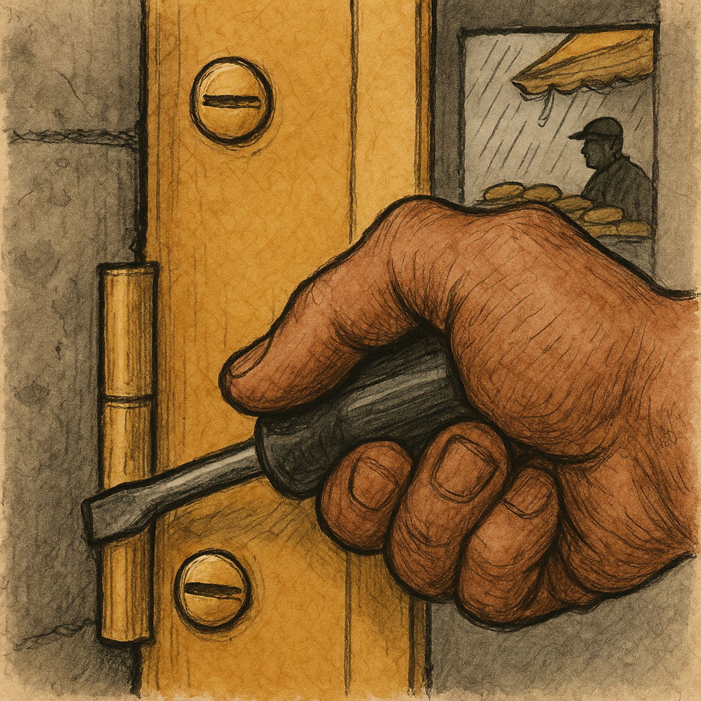 Image 40: ```image Square 8 x 8 inch mixed-media image on warm fibrous paper in carbon ink, transparent ochre watercolor, and charcoal-gray wash. Extreme close foreground: a large brown right hand grips a black-handled flat-head screwdriver with credible finger pressure. The steel shaft runs diagonally down-left, and its blade is visibly inserted into the horizontal slot of the LOWER screw, with the blade edges disappearing behind the brass slot rim. At the left edge, show one functional brass butt hinge joining a gray masonry jamb to a mustard-yellow stall panel. Show EXACTLY TWO screw heads total in the entire image: one upper slotted brass screw and one lower slotted brass screw, vertically aligned on the fixed hinge leaf. The screwdriver engages the lower screw. Do not depict any third screw, circular fastener, rivet, bolt, mounting hole, or screw-like mark anywhere. Keep the hinge knuckle vertically beside the leaf and clearly separate from the blade. The yellow panel bows outward slightly beside the engaged lower screw. The hand, screwdriver, lower screw, and hinge dominate the composition. In a small upper-right background opening, show one vendor in a dark cap behind two shallow rows of ochre loaves under diagonal rain, plus one tied yellow awning weight. Keep the background subordinate. Use black hooked structural contours, sparse rain strokes, visible paper grain, and bounded gray wash. Palette limited to ink black, warm cream, mustard ochre, brown skin, and charcoal gray. No captions, arrows, grids, extra fasteners, or cosmic imagery. ```
