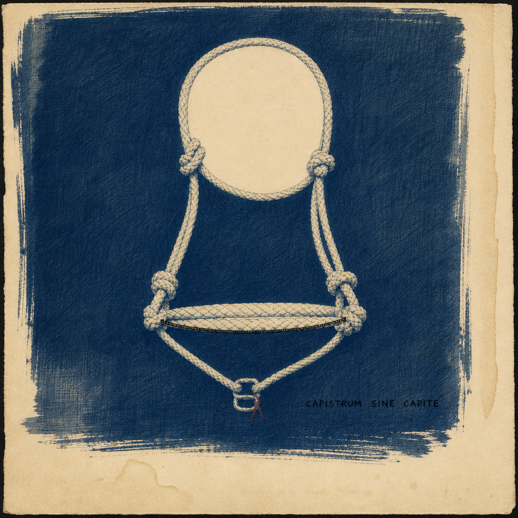 Image 22: ```image Cyanotype contact print on hand-coated warm ivory paper, hand-album scale, visible brush-coating edges and wash stains. Deep Prussian-blue field occupies upper two thirds; lower third and right edge remain untouched ivory. A single slack rope halter lies flat, frontal, with crisp pale contact silhouettes and braided rope texture: noseband, cheekpieces, throatlatch. Crucial condition: the entire interior opening of the crown loop at top—the vacancy where the horse's poll would be—is untouched bare warm ivory paper, continuous with no blue, gray, ink, hatch, shadow, stain, or any other tone crossing into it; its boundary is only the pale rope silhouette. No bells, no numbers. Fine ballpoint crosshatching appears only in blue areas outside all rope silhouettes and outside the crown-loop vacancy; dry black ink reinforces only the noseband lower contour. One tiny muted-red ink thread at the throatlatch buckle. Lower right inside the blue field: small handwritten black capitals, CAPISTRUM SINE CAPITE. Flat contact space, no perspective or cast shadow, austere estate-inventory dignity. ```