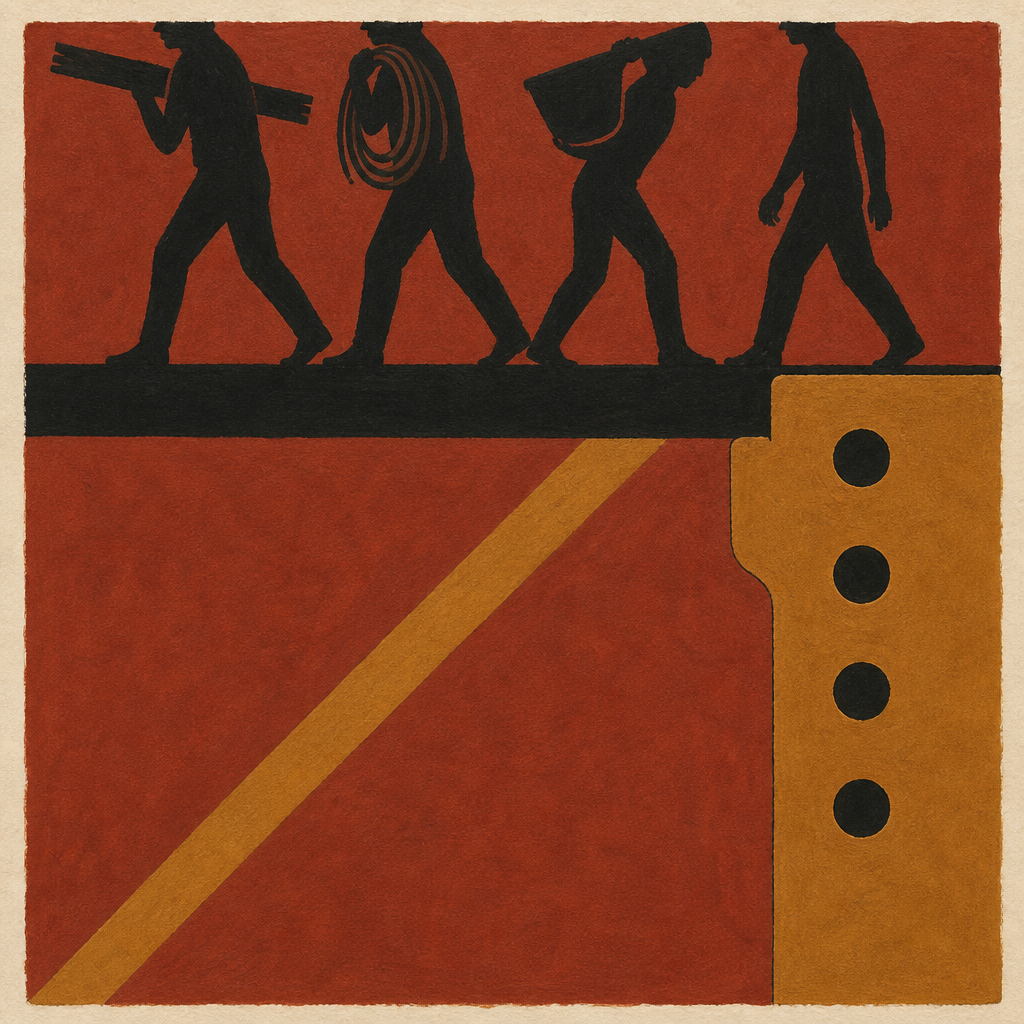 Image 28: ```image A square painting in tempera and ink on warm cream handmade paper, 8 x 8 inches, photographed straight-on, no mat, no frame. Flat unmodeled color: earth red, ochre, and black only, on warm cream. No atmospheric haze, no perspective recession, no modeled flesh, no printed words or numerals anywhere on the sheet. Upper two-thirds: four workers crossing a horizontal scaffold plank from left to right, painted as blunt black silhouettes that fuse at the hips into one continuous unbroken shadow band — the band reads as a single dark shape before it separates into bodies. Heads cropped by the top edge at the shoulder line on the two tallest figures. Each figure bends under a load: the first shoulders a plank, the second a coiled rope, the third a hod, the fourth walks with both arms down inside the band. One tapering brush contour per limb, thinning where each limb turns; no hatching, no interior modeling. Behind them a flat earth-red wall plane with a single ochre diagonal scaffold brace, nothing else. Lower right, in the near plane, large: one brass-ochre scaffold shackle plate drawn flat and crisp, roughly a quarter of the sheet, with exactly four round black bolt holes in a vertical row, evenly spaced, each hole fully open and countable at arm's length. The shackle plate overlaps the plank's right end and is the only object in the near plane. The four holes and the four figures must both be countable from ten paces. Stop while the band, the brace, and the shackle are all legible as three shapes. ```