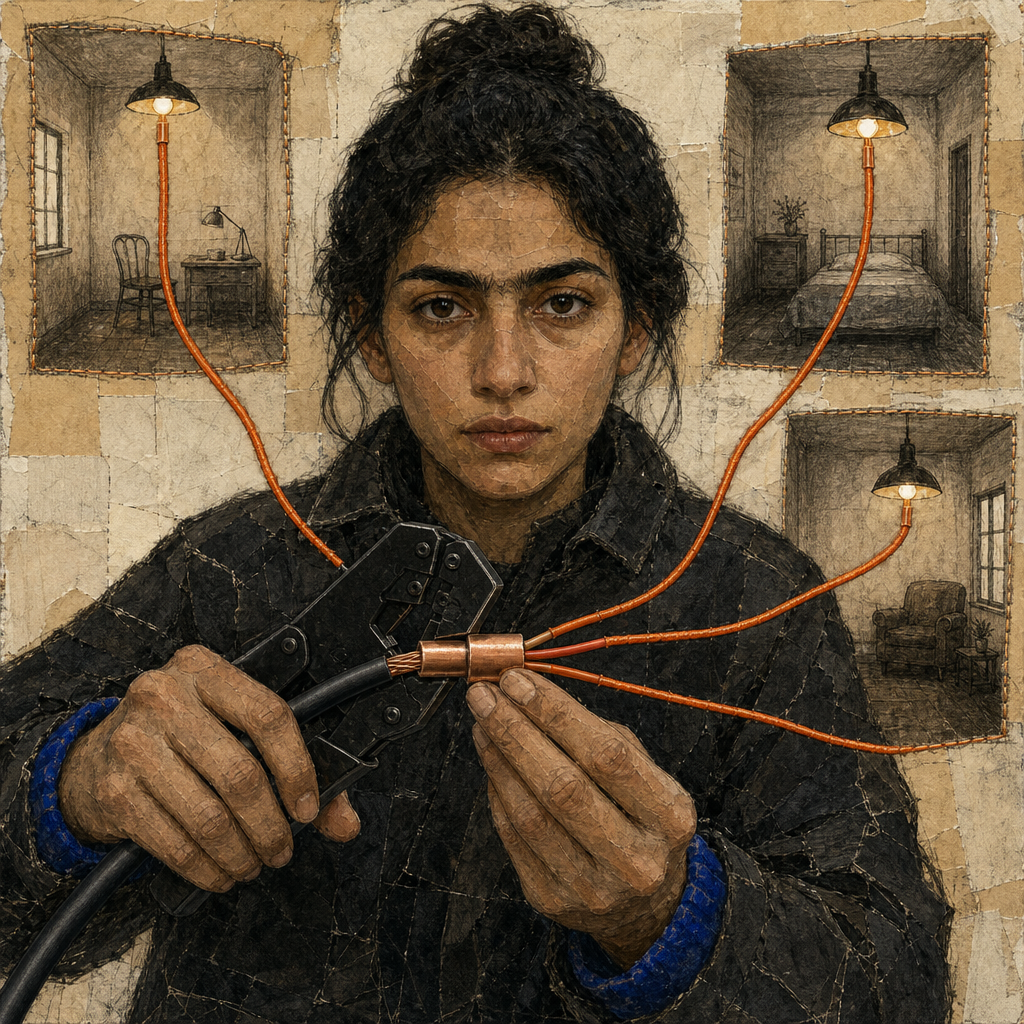 Image 30: ```image Preserve the current square mixed-media portrait exactly in mood, palette, materials, frontal pose, brow join, enlarged hands, dark repaired coat, cobalt cuff, three carbon-drawn rooms, and exposed collage seams. Correct only the cable topology and tool action. Place one open copper crimp sleeve visibly between the closed jaws of the black ratcheting crimper, with Layla’s left thumb and first two fingers steadying it. One thick black cable enters from the lower left; its stripped copper remains continuously visible into the sleeve. At the sleeve’s open right end, divide that same copper into EXACTLY THREE conductors, each immediately gaining burnt-orange insulation. Route these three conductors as three fully visible, uninterrupted, noncrossing lines: branch 1 to the upper-left lamp, branch 2 to the upper-right lamp, and branch 3 to the lower-right lamp. Every route must remain visible from sleeve to receiver; none may pass behind Layla, her hands, the tool, a room, or any other element. Remove the loose unterminated orange tail and all additional wire segments. Show exactly three lamps and exactly three corresponding rooms. Keep orange stitches confined to these three complete routes. No boxes, blocks, labels, arrows, diagrams, or added objects. ```