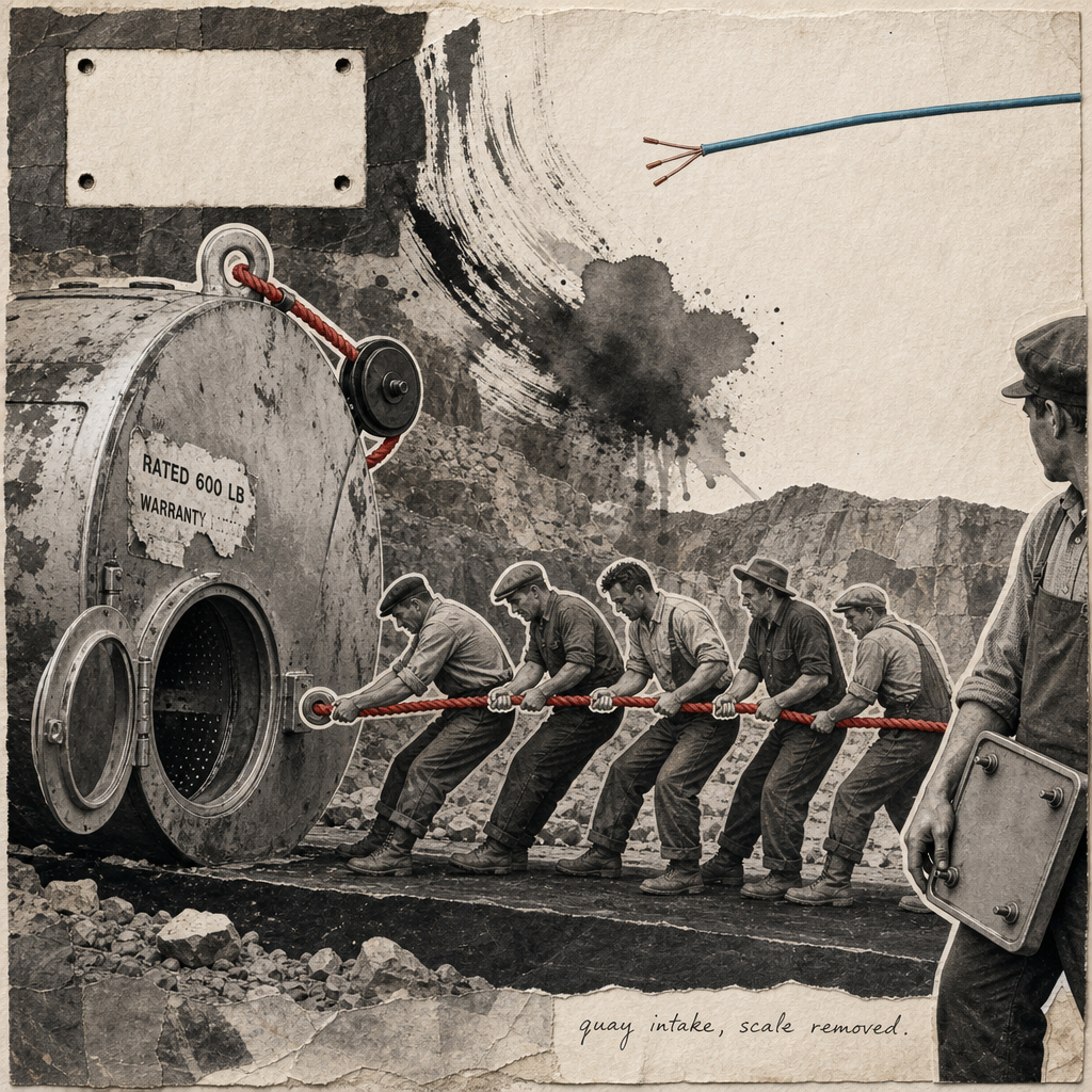 Image 17: ```image Square-format physical collage and ink work on heavy ivory paper, composed for an 8-by-8-inch canvas. A procession adapted from a mid-century labor advertisement crosses the lower half from right to left. Five workers are assembled from sharply scissored black-and-white magazine fragments; every figure has clearly visible hands gripping the same thick vermilion rope at separate intervals. The rope enters from the cropped right edge, bends through all ten closed hands, passes around a large black pulley, and terminates at the steel lifting eye of an oversized dented washing-machine drum on the left. Bodies lean at unequal angles under credible strain; boots press against a narrow dark service road. The drum occupies the dense left third and is enlarged beyond plausible use. Its round door hangs open toward the viewer. A torn product label on its enamel reads “RATED 600 LB” and “WARRANTY,” with the remaining text cut away. Above the drum is a clean rectangular vacancy bordered by glue-dark paper, containing four distinct empty bolt holes in a rectangular arrangement where a weighing scale has been removed. No arrow and no explanatory label point to the vacancy. The central third contains the pulling bodies, fragments of gray quarry terrain, black sumi dry-brush strokes changing into one wet ink bloom, and the continuous vermilion rope. Preserve white scissor rims around the workers’ hands and the drum’s lifting eye. The upper-right third is exposed ivory paper crossed only by the taut rope and a thin cyan cable that fails before reaching the drum; its three stripped copper strands stop visibly against blank paper. At far right, crop a sixth worker at the shoulder and thigh. This worker holds the detached scale housing against the hip, its four rear mounting studs plainly visible, while the other hand remains off the rope. Add a small handwritten note near the bottom edge: “quay intake, scale removed.” Restrained palette of carbon black, gray, paper ivory, vermilion rope, and one narrow cyan cable. Visible seams, wrinkles, paste-dark edges, mineral grit, and brush hairs. Flat daylight, no theatrical glow, no decorative color spread, no seamless photorealism. ```