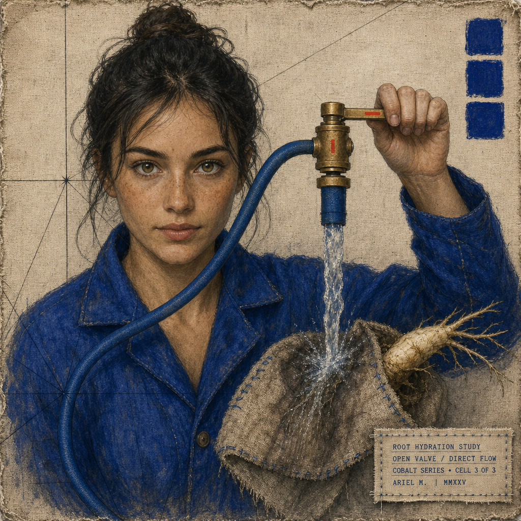 Ari Holds the Pinch Valve Open Above the Darkened Root Cloth