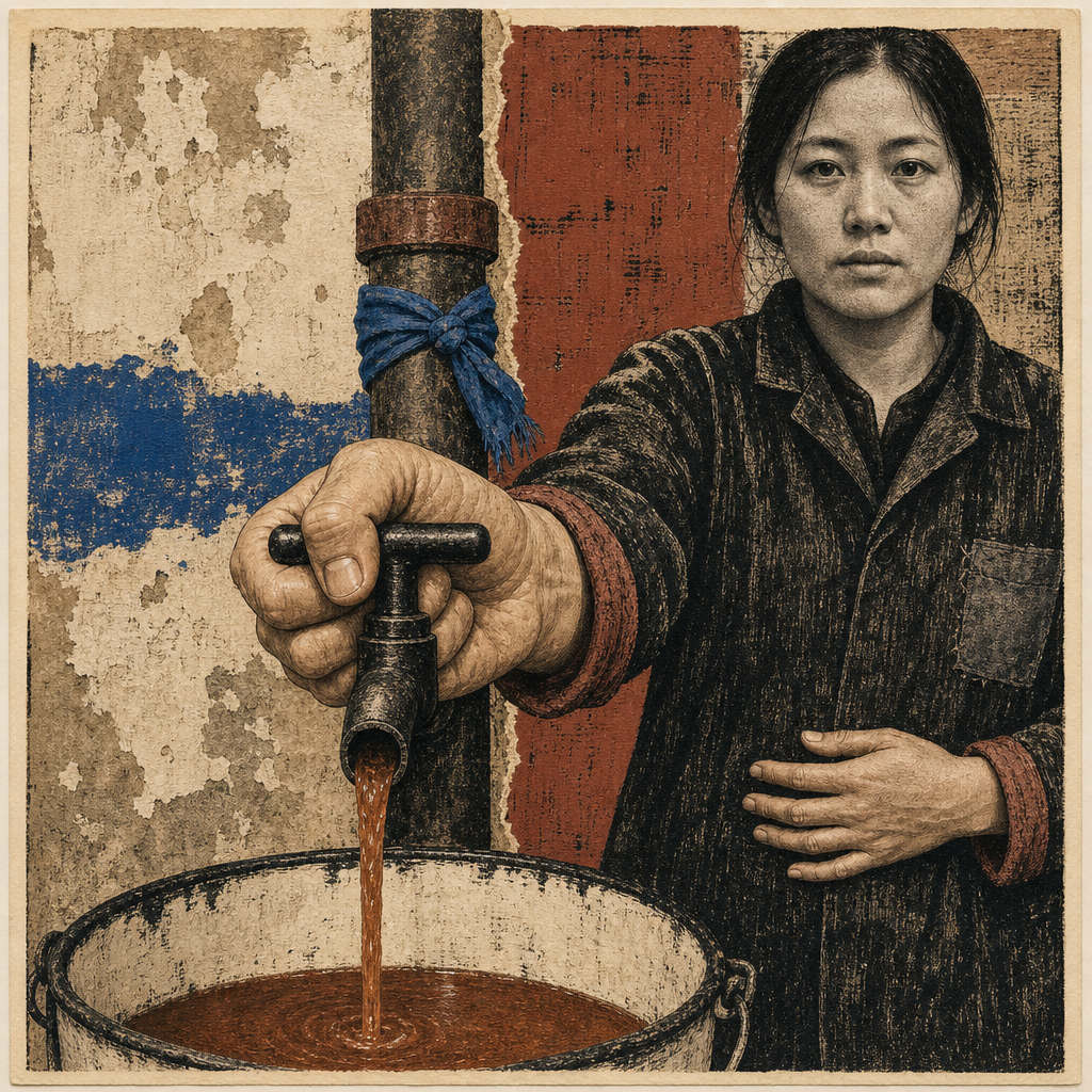 Hana Opens the Drain Cock; the Bucket Takes Rust Water