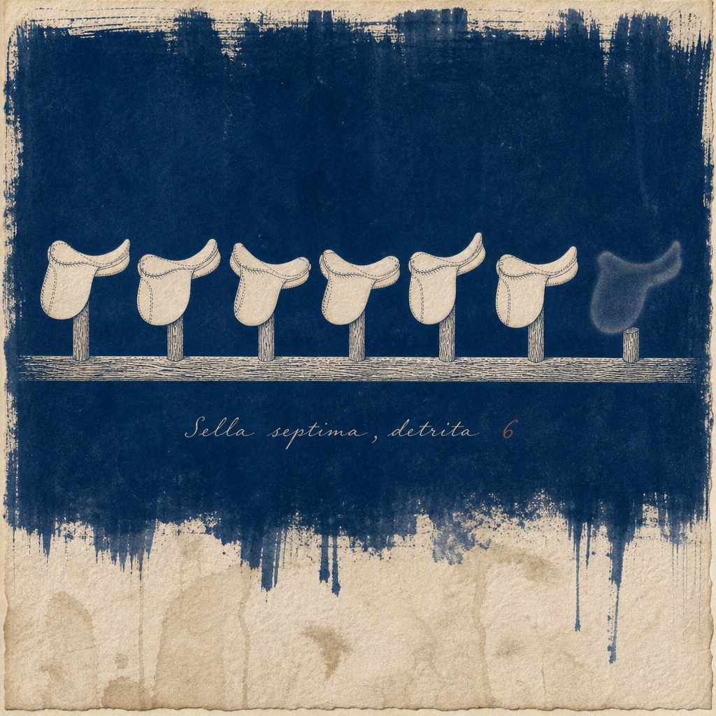 The Stable of Absent Riders, Sheet XII: The Saddle Rack; Six Sit, the Seventh Peg Keeps the Rubbed Shape
