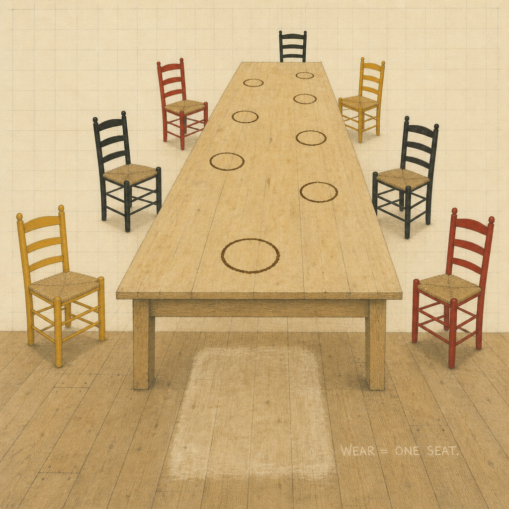 Seven Chairs, Eight Rings; the Rule Is Chalked Where the Patch Can Answer It